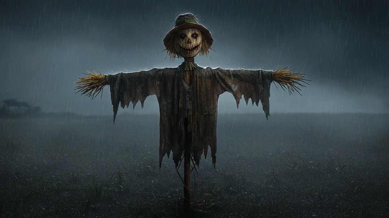 Eerie and Enigmatic Scarecrow Standing Alone in a Rain-soaked Field, Offering an Atmospheric Blend of Fear and Nature's Beauty Under a Darkened Sky