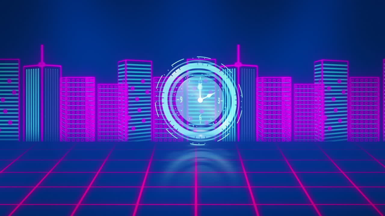 네온 시계와 3d 도시 모델의 애니메이션은 보라색 배경에서 그리드 네트워크를 통해 나타납니다.