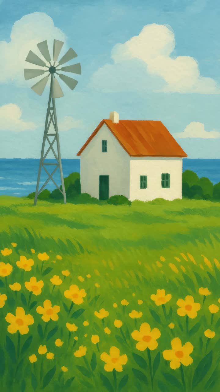 Charming countryside scene with a windmill and house video. Live mobile wallpaper