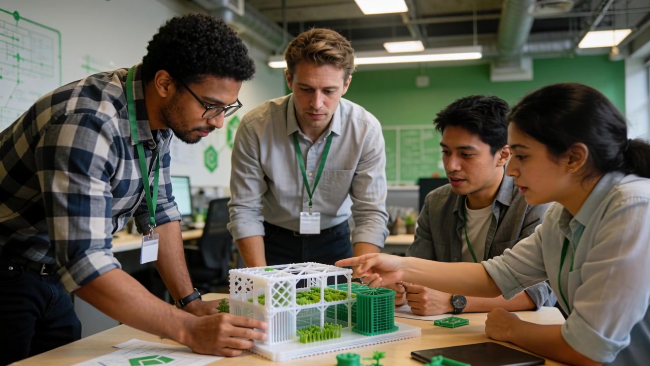 Leaning in, team fine-tuning scale model at lab with green modules in businesswear to finalize plan