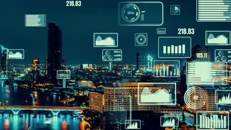 business data analytic interface fly over smart city showing alteration future