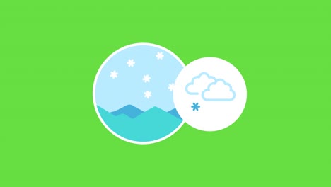 4k video of cartoon snowy weather icons on green background.