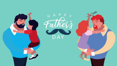 happy fathers day lettering with dads and kids characters