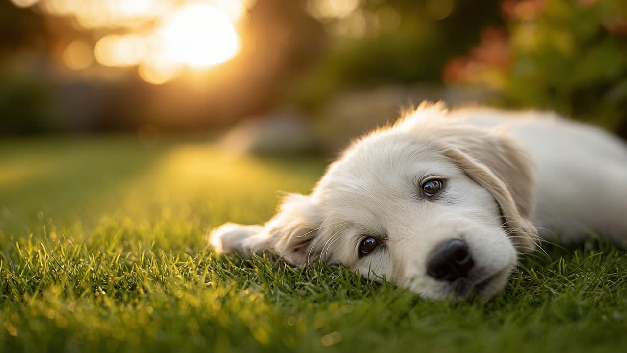 A Golden Retriever Puppy Lies Contentedly on the Grass, Gazing Up as the Sun Sets, Capturing the Essence of a Peaceful Moment in Nature
