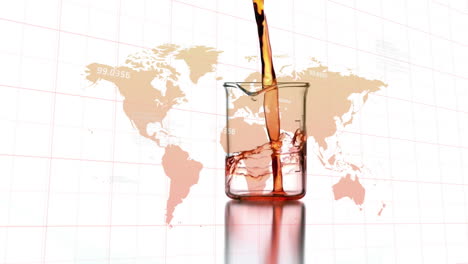 pouring liquid into beaker over world map and data animation