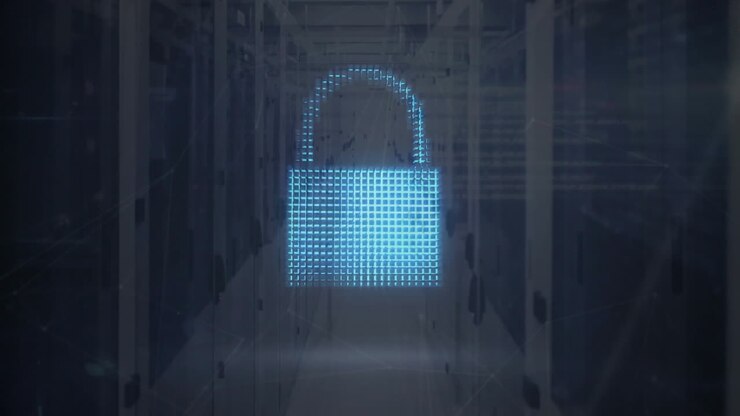 Animation of digital cloud, shield and padlock over shapes and server room