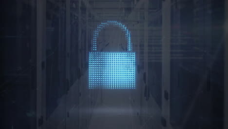 Animation of digital cloud, shield and padlock over shapes and server room