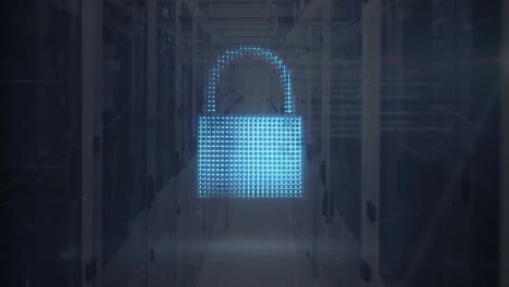 animation of digital cloud, shield and padlock over shapes and server room