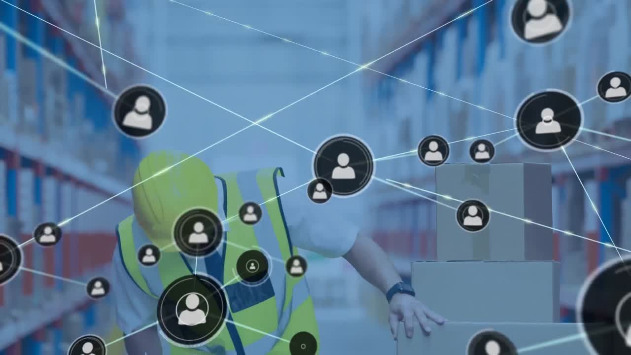 Animazione di rete di connessioni con icone su uomo che scrive su un blocco appunti in magazzino.
