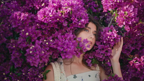 blossom portrait tender lady posing summer nature. sexy model resting flowers