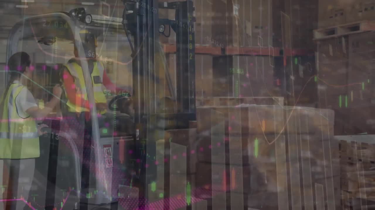 animación de múltiples gráficos con números sobre compañeros de trabajo multirraciales discutiendo en el almacén.