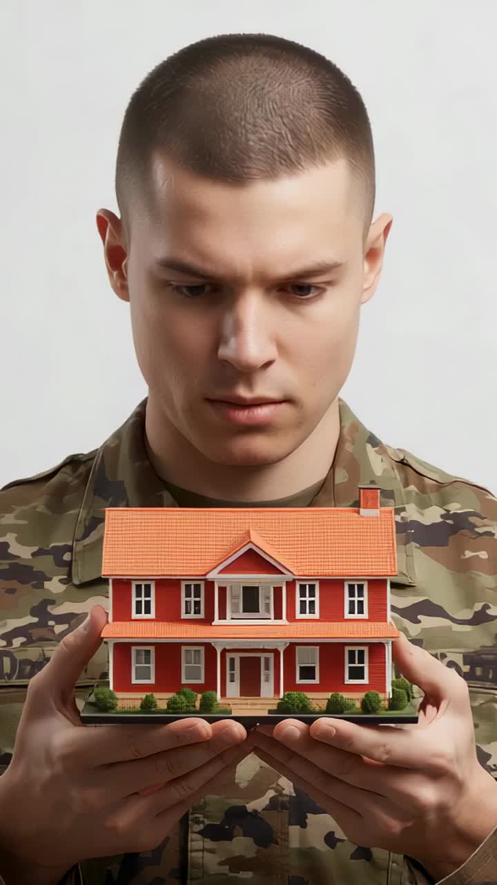 Verticale video: Man in camouflage houdt rood huis in handen in set, beginnend met een neerwaartse blik die opkijkt naar de camera