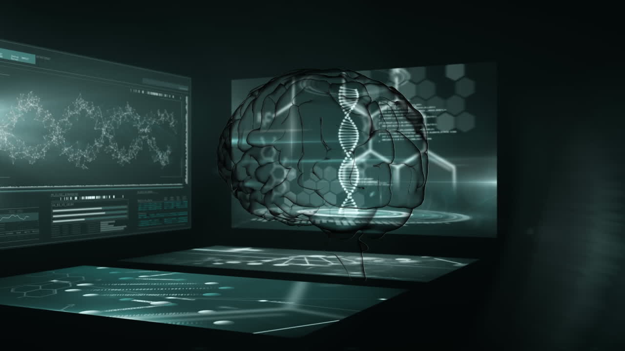 Animation of human brain spinning over screens with scientific data processing