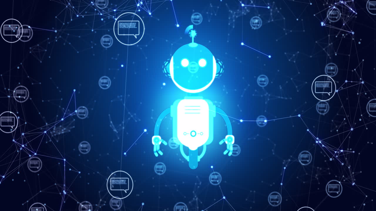 Animation of ai robot icon moving and digital interface on blue background