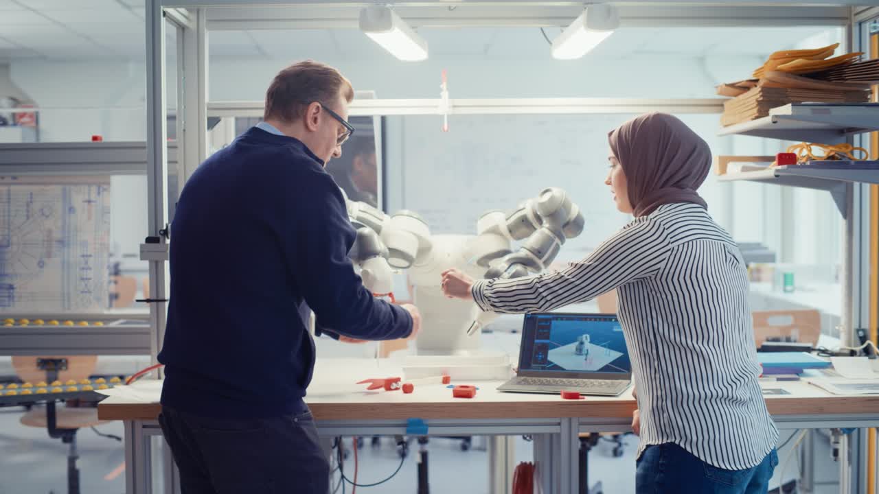Chief Male Engineer Chatting with Arabic Female Computer Science Specialist While Gathering at the Table with Robotic Hand. Promising Computer Scientist Collaboration Concept. Medium Shot