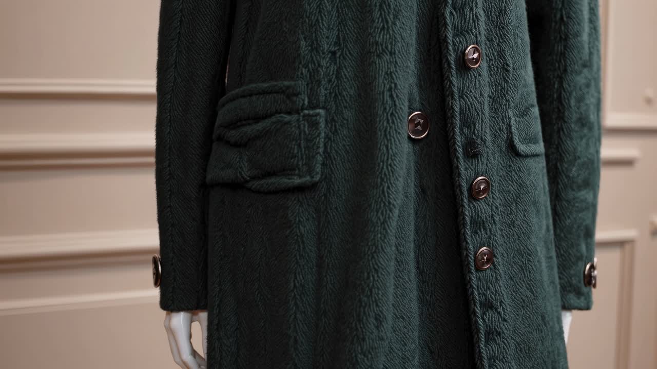 Close-up video shot of a textured green coat on a mannequin, showcasing button details and pocket