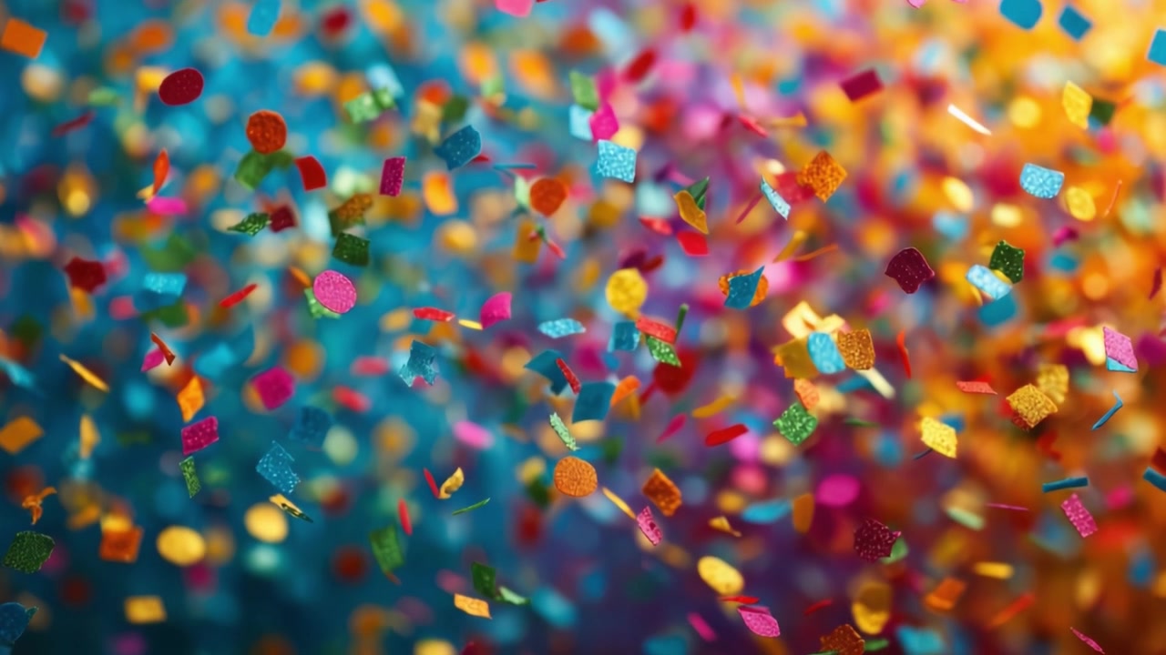 Vivace celebrazione di coriandoli colorati che fluttuano gioiosamente in uno sfondo dinamico, catturando l'essenza della festa e del divertimento in un'atmosfera giocosa