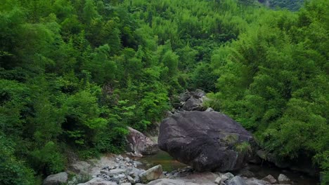 一架沉默的无人机在森林地区的美丽的绿色树木之间在侵蚀的岩石上射击