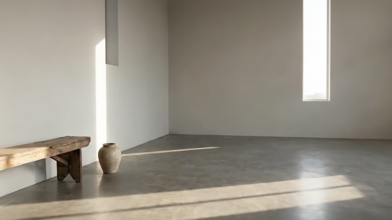 Sunlight Moving Across Empty Minimalist Room with Bench and Vase