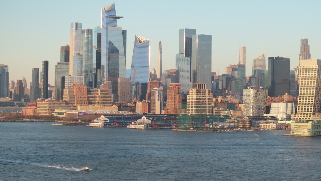 Aerial view of Hudson Yards shot along The Hudson River.