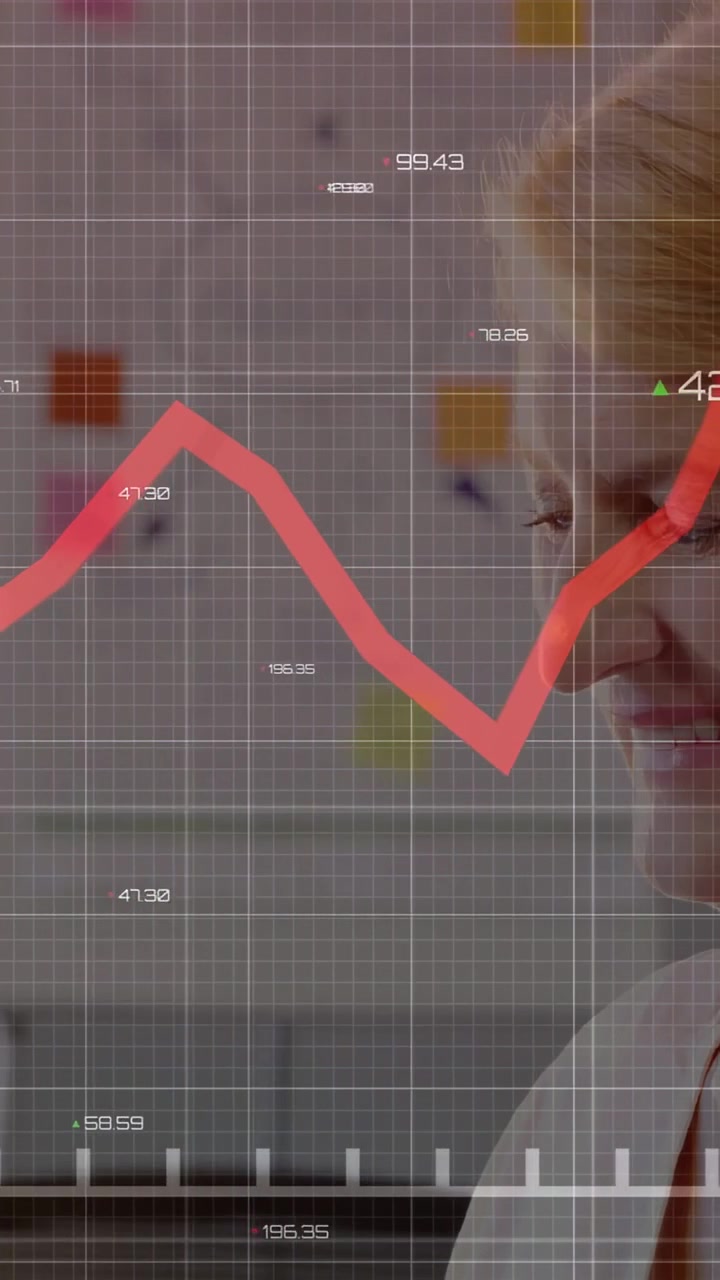 Vertical video: Woman monitoring market graph by typing keys, red line dipping then rising
