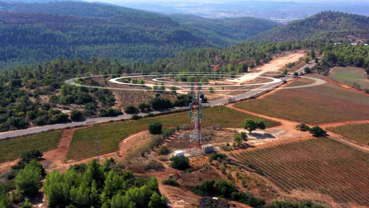 Aerial View of Hills, Vineyards, and Communication Tower