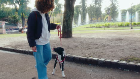 woman walking with dog in public park