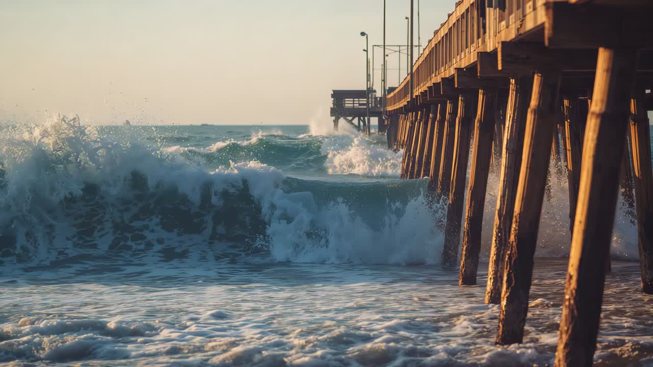Swell approaching wooden pier at beach, crashing into supports sending white surf foam, copy space
