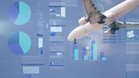 animación del procesamiento de datos estadísticos contra un avión volando en el cielo