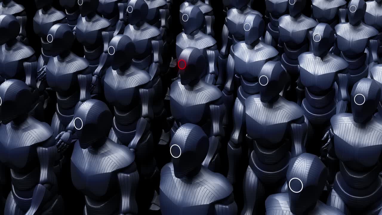 un ejército de robots de ia de alta tecnología avanzada marchando lentamente.