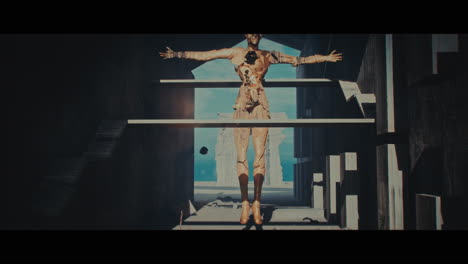 bronze figure in a post-apocalyptic city