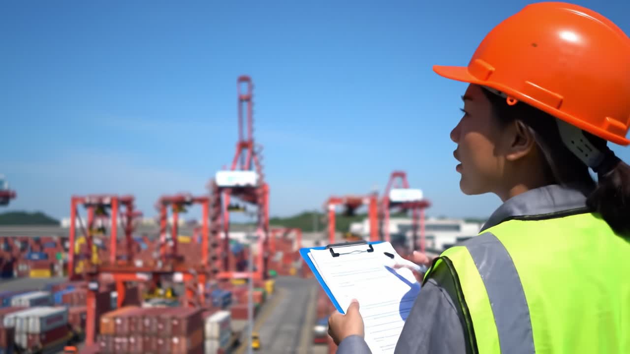 A Worker in a Safety Helmet and Vest Observing Container Operations at a Freight Terminal, Managing Logistics with Precision and Focus