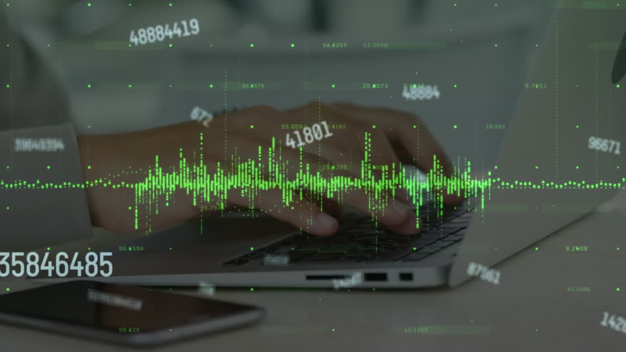 Animation of multiple changing numbers, data processing over mid section of man using a laptop