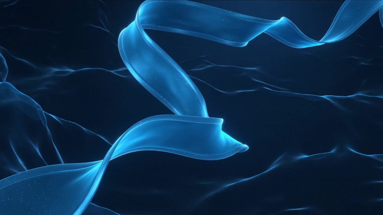 Emerging cyan ribbon drifting from left in dark void, twisting and settling over mesh echoing glow