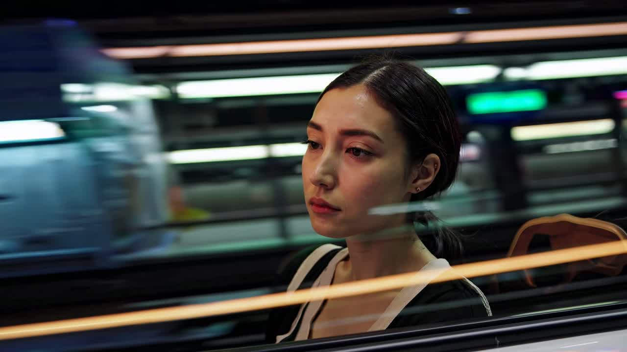 The video captures a high-speed train journey, showcasing vibrant city lights in motion