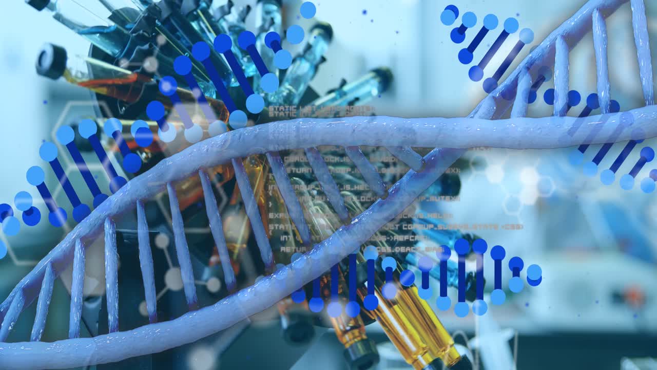 Animation of dna strands over vials with liquid