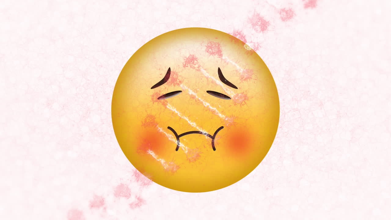 백색 배경에 있는 아픈 얼굴 이모티콘 위에 회전하는 dna 구조의 디지털 애니메이션