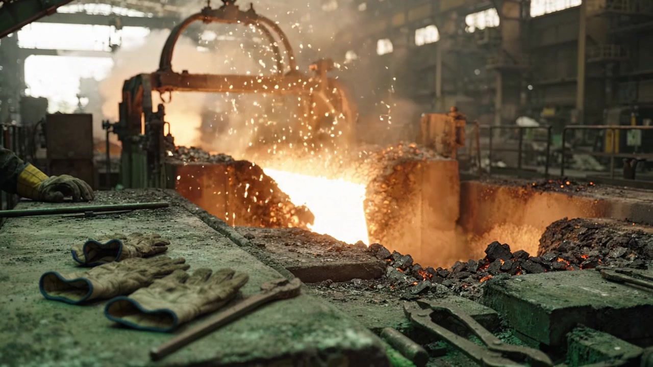 Intensa scena di lavorazione dei metalli: scintille e calore emanano dal metallo fuso in una fonderia industriale, mostrando l'arte della fusione dei metalli e la manodopera qualificata