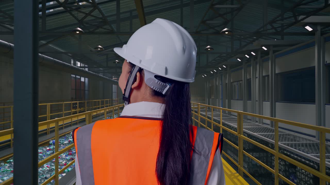 Ingegnere asiatica di spalle che cammina e ispeziona le operazioni di un impianto di riciclaggio della plastica con un nastro trasportatore di bottiglie.