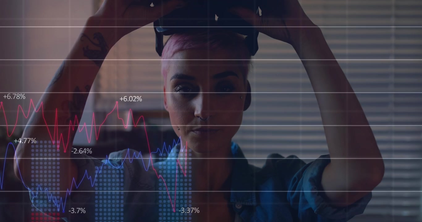 Animation of statistical data processing over caucasian woman wearing vr headset gesturing at home