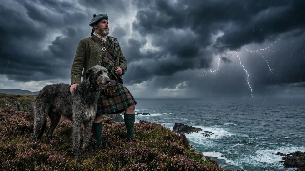 Man and Dog Stroll by the Stormy Coast