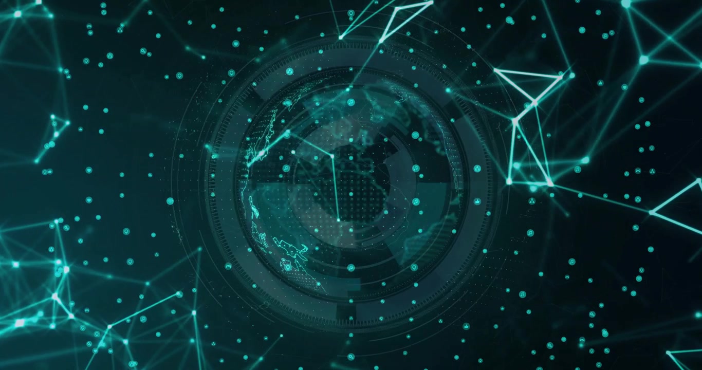 Connecting teal dots forming mesh pulsing to rotating globe visualizing data flow across continents