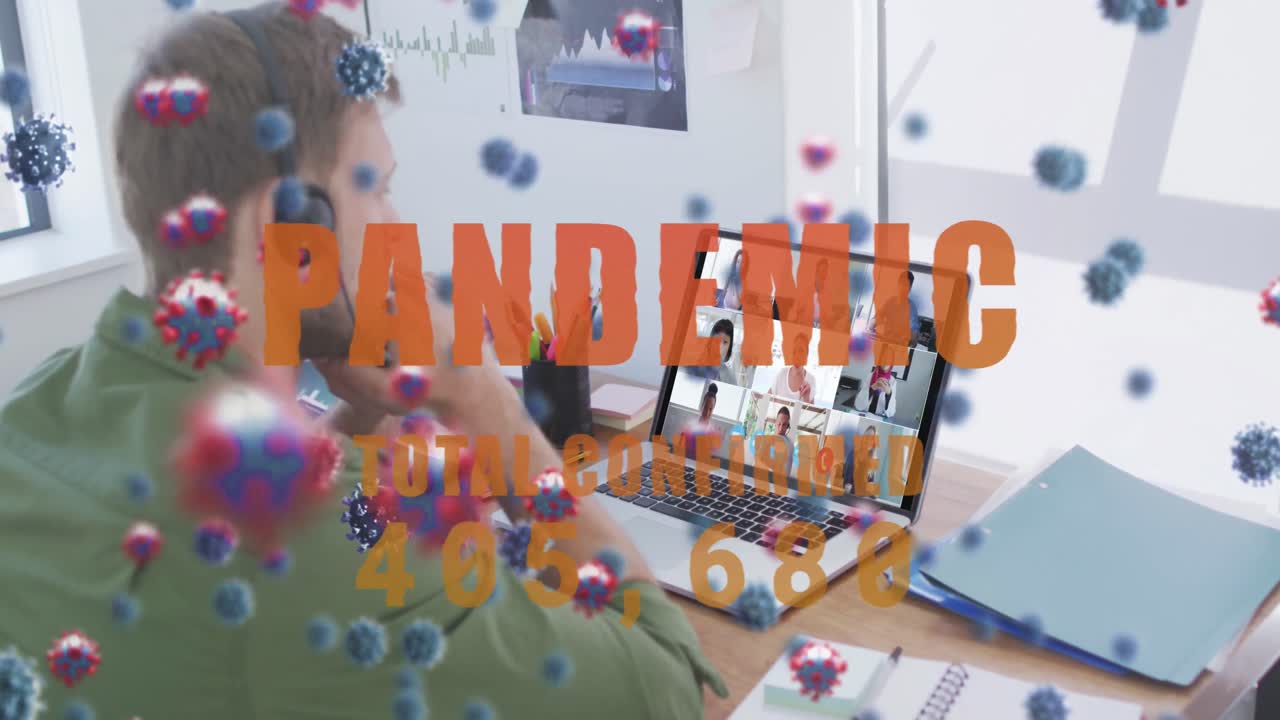 animación de las células de covid-19 y el número de casos sobre el hombre usando portátil en videollamada