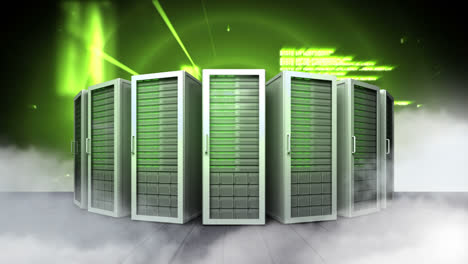 row of green servers and abstract graphics