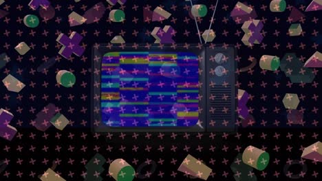 Digitale-Animation-Bunter-Abstrakter-Formen,-Die-Sich-über-Das-Fernsehsymbol-Vor-Schwarzem-Hintergrund-Bewegen