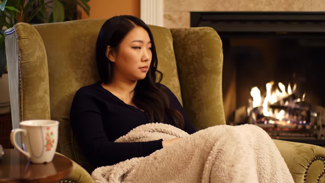 A Calm Evening by the Fireplace: Relaxing at Home with Comforting Warmth and Peaceful Ambiance Enhancing Serenity and Well-Being