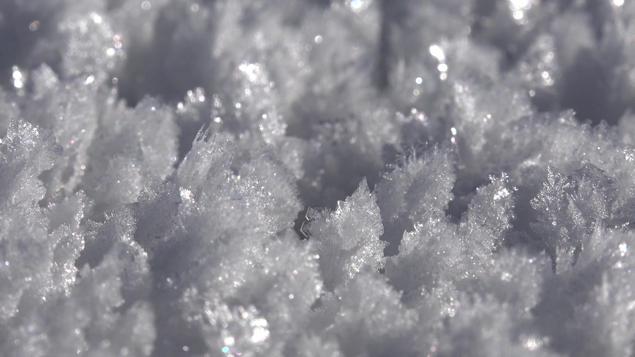 Primo piano macro di intricati cristalli di brina su terreno ghiacciato