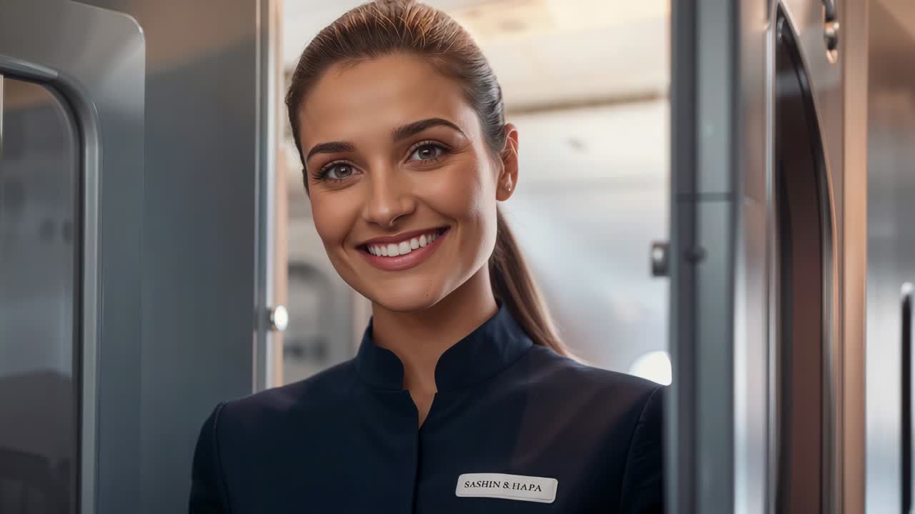 Smiling crew member conveying greeting in galley doorway as camera framing, uniform badge visible