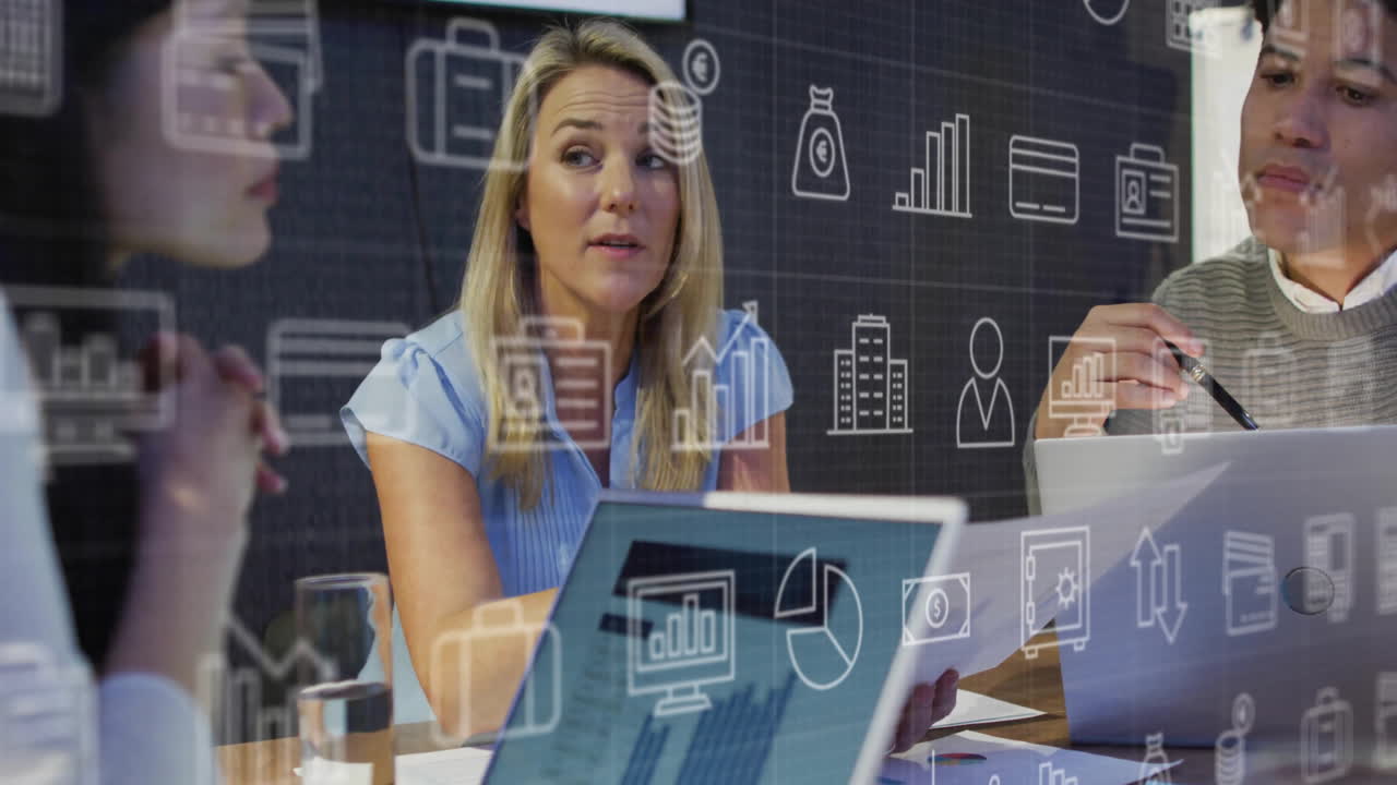 Discussing data analytics, businesswoman with colleagues and animation of financial icons