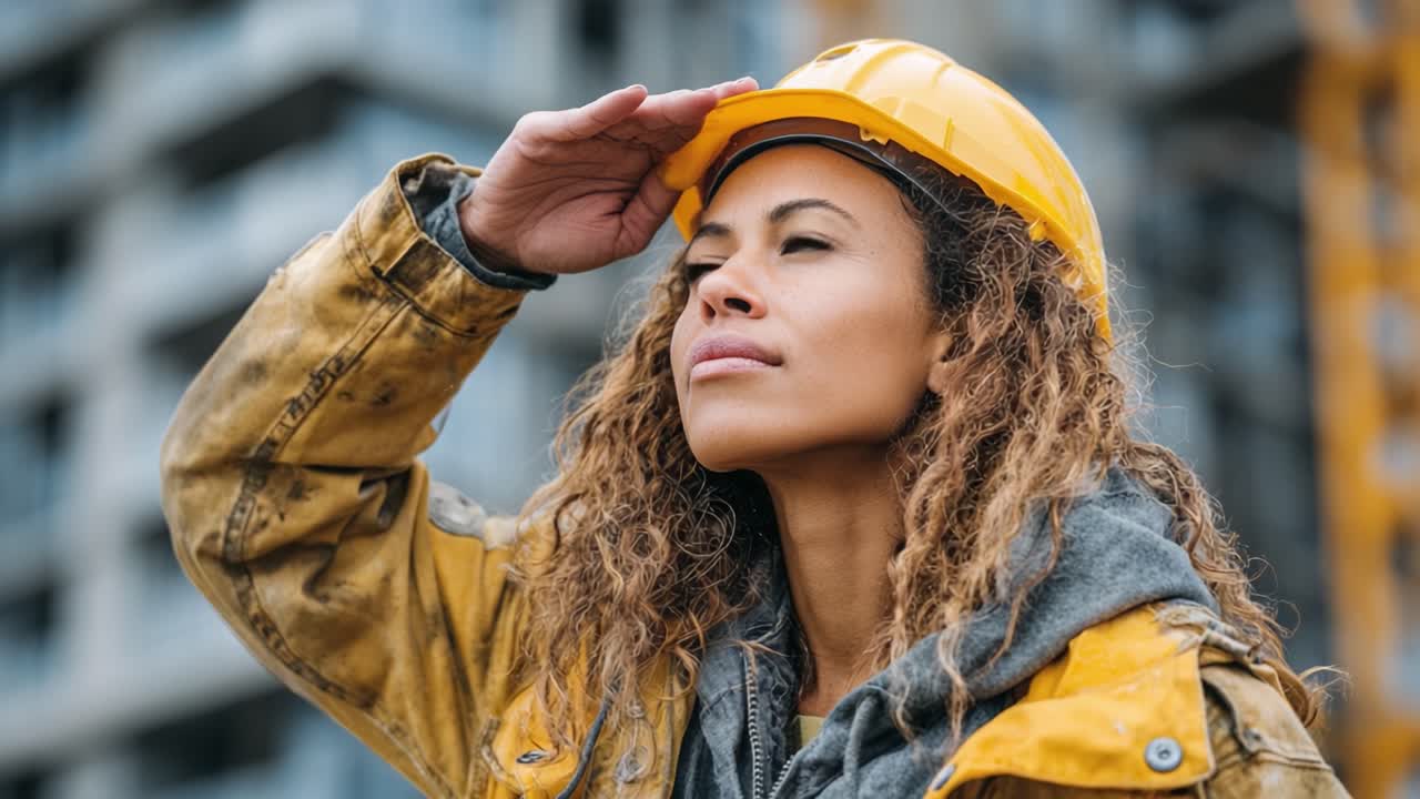 A determined construction worker wearing a yellow hard hat and jacket gazes confidently into the distance, embodying strength and resilience in her profession
